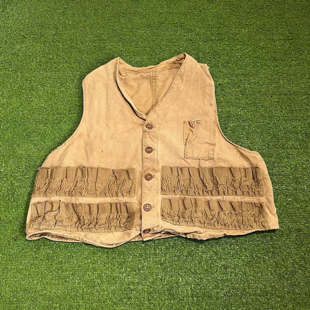 Vintage Hunting Vest LG Canvas 70s Tactical Vest Ammo Holder Khaki Cropped